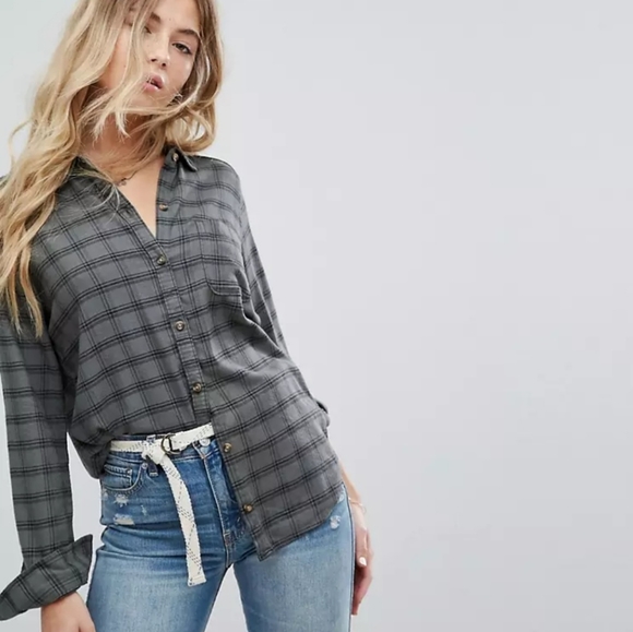 Hollister Check Flannel Boyfriend Shirt. Extra Small. Khaki Stripe/greenish gray - Picture 8 of 9